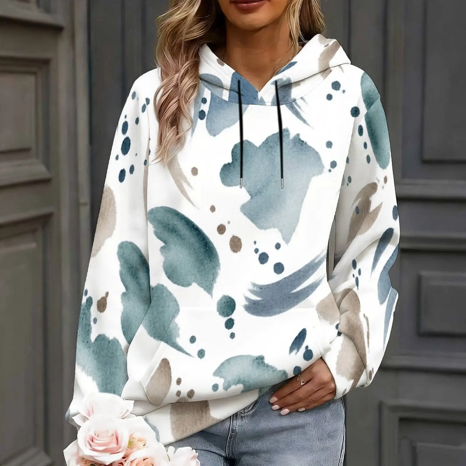 Women Off White Base Blue Taupe Abstract Watercolor Print Long Sleeve Drawstring Pullover Hoodie with Kangaroo Pocket