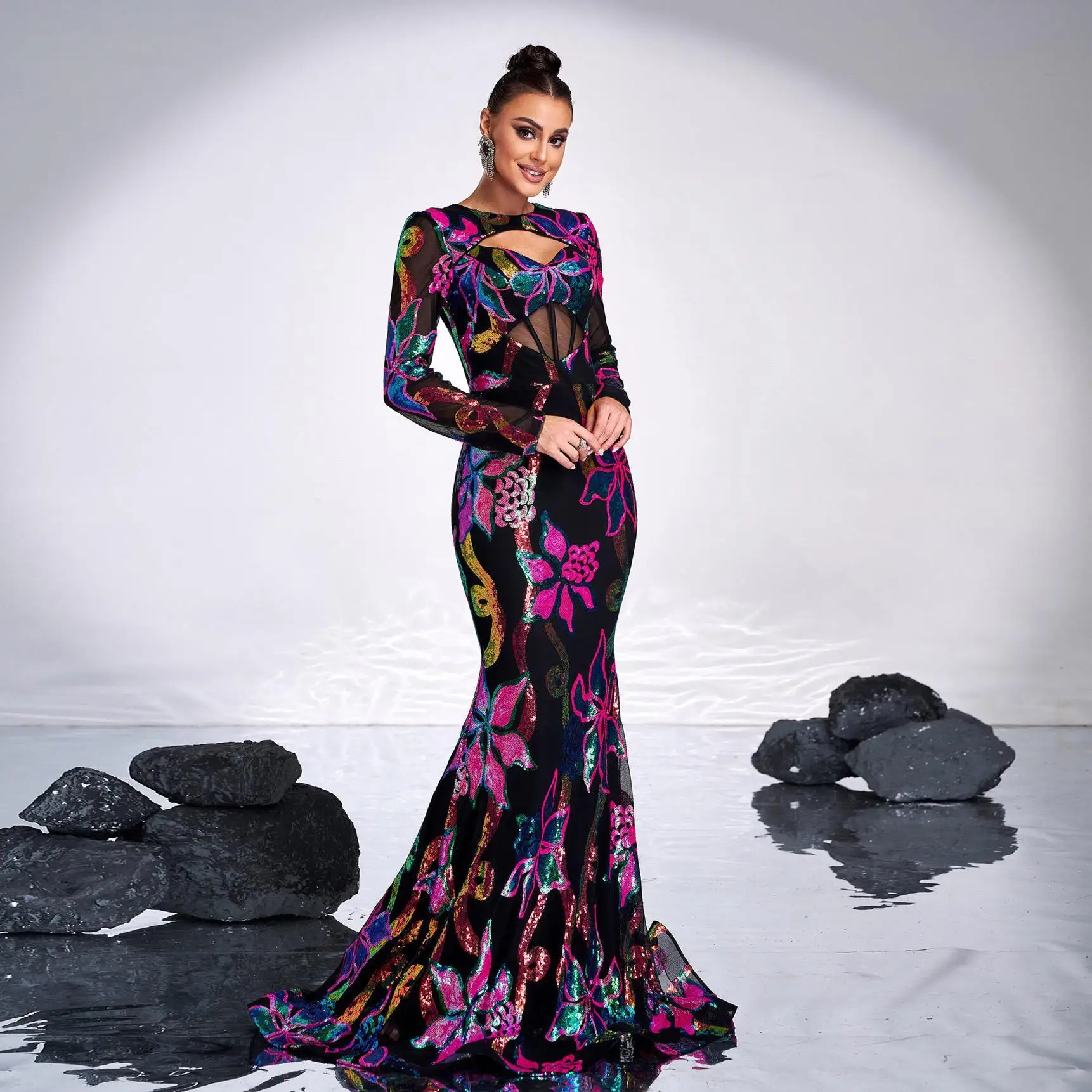 Abito da sera con paillettes floreali Lungo Sve Compleanno Formale Ocn Dr Poliestere 00% Collezione Faion Autunno 2024 da donna