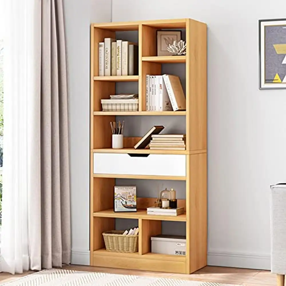 Modern Scandinavian Wooden Bookcase Display Shelf Organizer with 8 Cubes and Drawer Freestanding Storage Cabinet Home and