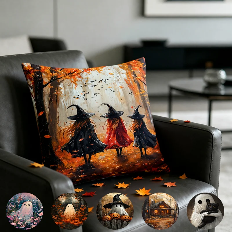 1PC Halloween Pillowcase Fall Ghost Single Side Print Pillowcase Soft Washable Cushion Cover for Halloween Party Decorations