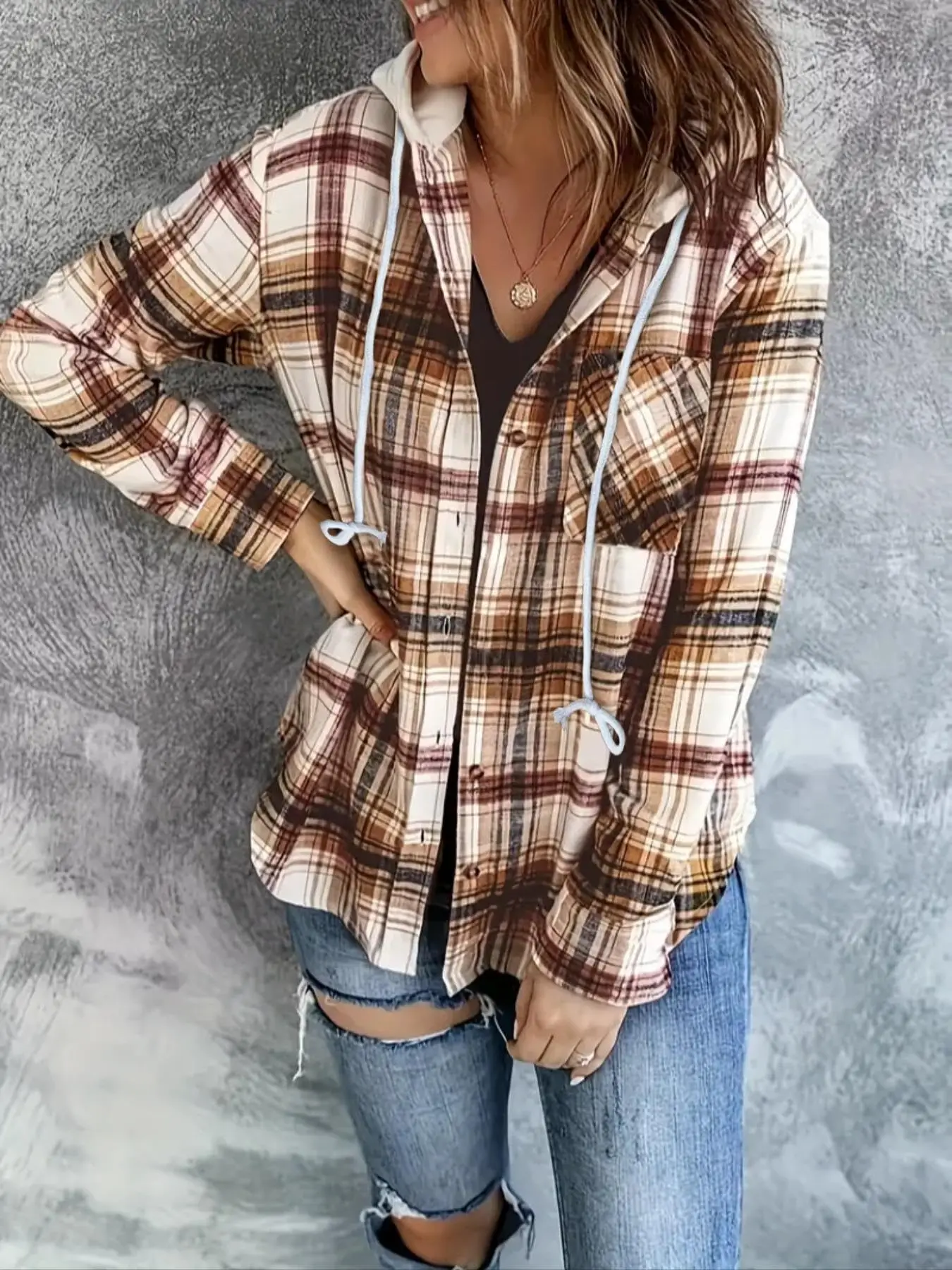 Women Hooded Plaid Shirt Long Sleeve Button Down Drawstring Hood Checkered Shacket With Pockets