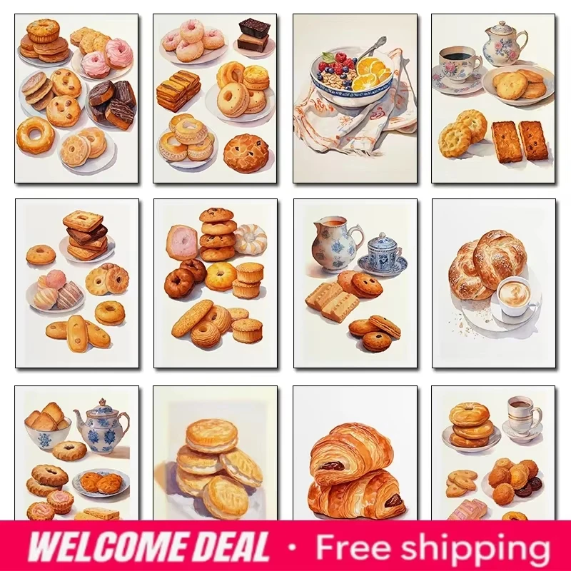Oil Painting By Numbers Frameless Cookies Biscuits Coffee Cereal Bread French Pastry Watercolor Wall Art Home Decor