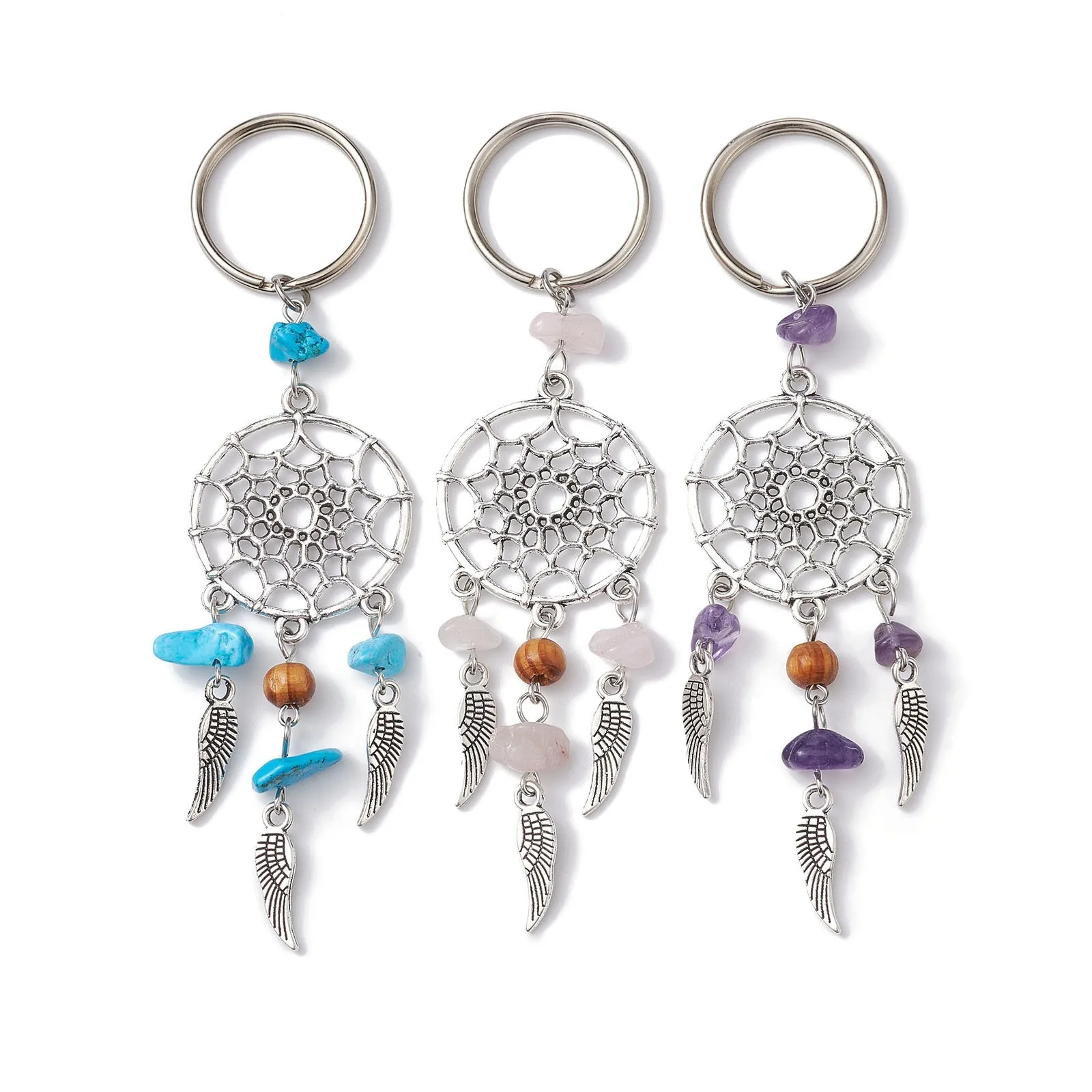Natural Crystal 6mm Beads Pendant Wings Tassel Accessories Irregular Crushed Stone Healing Amethyst Dreamcatcher Keychain Ring