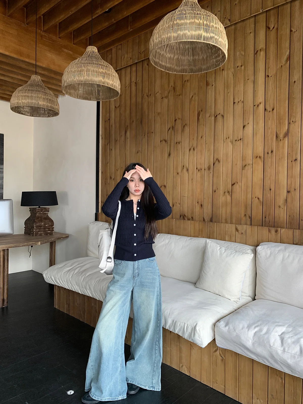 

YOUTHLE светло-голубые универсальные джинсовые брюки с талией, женские осенне-зимние повседневные широкие брюки, расклешенные длинные брюки