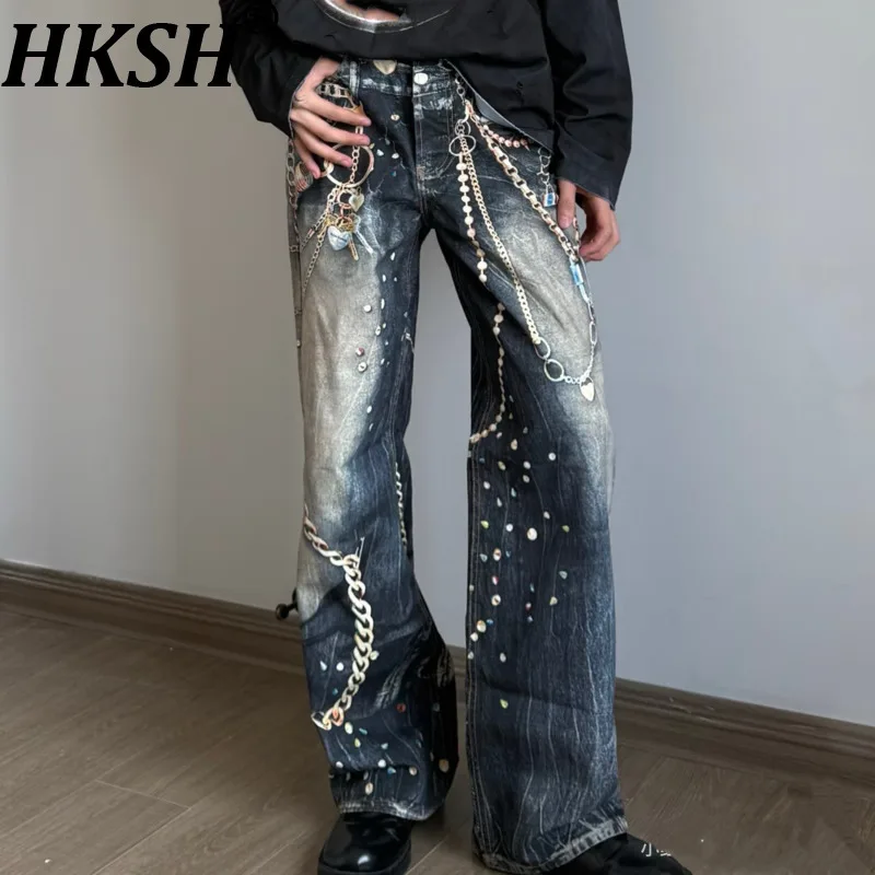 HKSH Spring Autumn Winter New Men's Tide Punk Vintage Chain Print Jeans Straight Denim Pants Trendy Chic Ins Vibe Brand HK20375