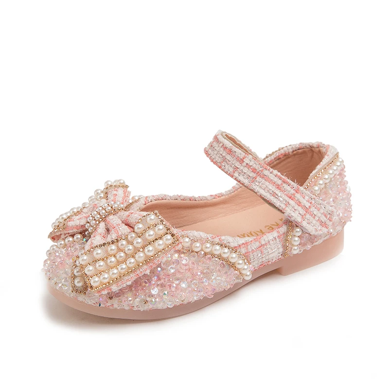 2023 New Simple Girls Mary Janes for Party Wedding Shows Korean Wind Sequined Pearls Chic Children Fashion Casual Shoes Princess