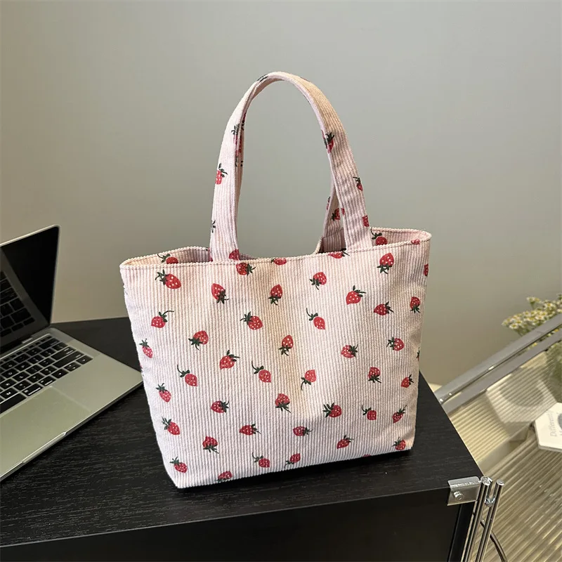 (Please private message customer service) Embroidery DIY graphic customization, corduroy strawberry handbag