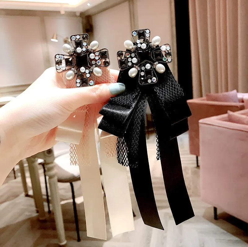 Korean Style Bow Tie Accessories Lace Crystal Pearl Necktie for Women Vintage Brooch Pin Collar Flower Pin Brooch