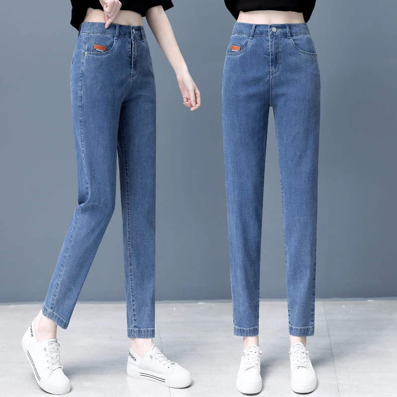 

Джинсы женские с высокой талией, прямые, из ледяного шелка, облегающие, в стиле харем, весна-лето, новые, тонкие, хлопковые, эластичные