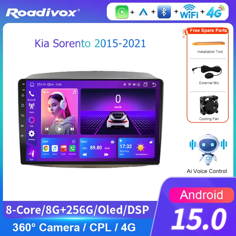 AI VOICE roadivox Android car radio for Kia Sorento 2015 2021  stereo GPS Navigation video Multimedia Player tape recorder