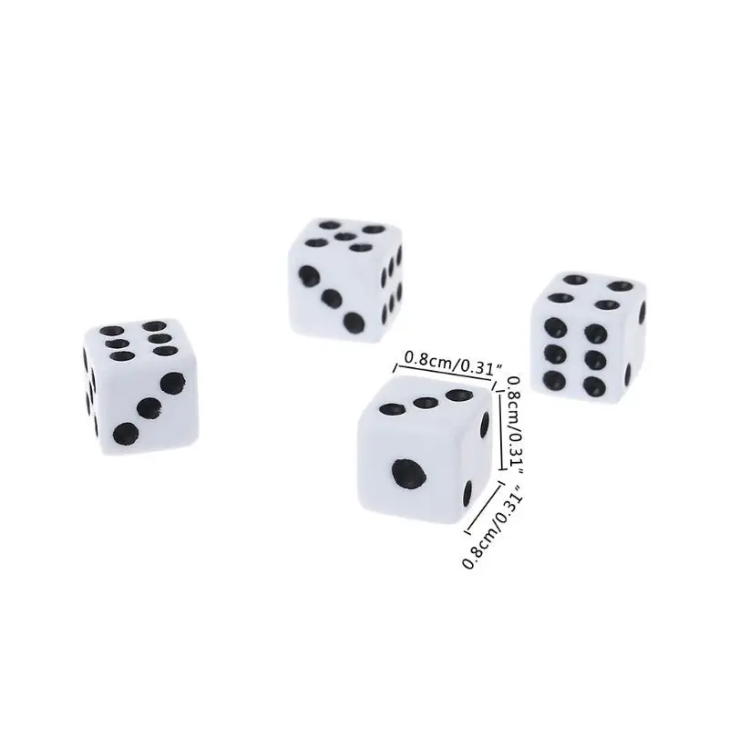 100 pz Mini piccolo D6 dadi bianchi 5mm 8mm 10mm 12mm 14mm 16mm con angolo quadrato colore nero punto dadi per accessori giochi da tavolo