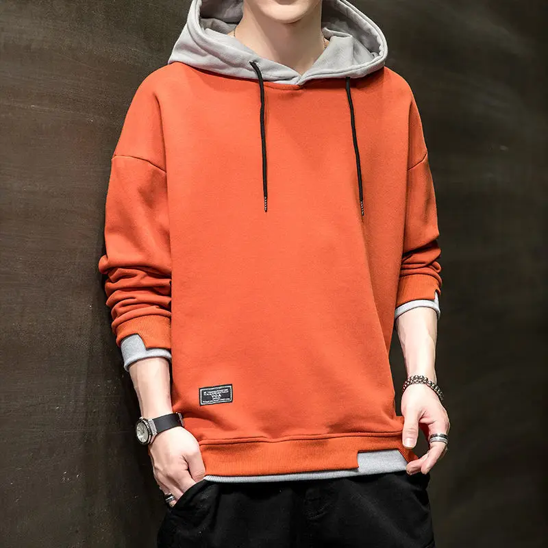 Male Hoodie Splicing Loose Men's Hooded Sweatshirt Orange Harajuku Fashion High Quality Streetwear New in Funny One Piece Luxury