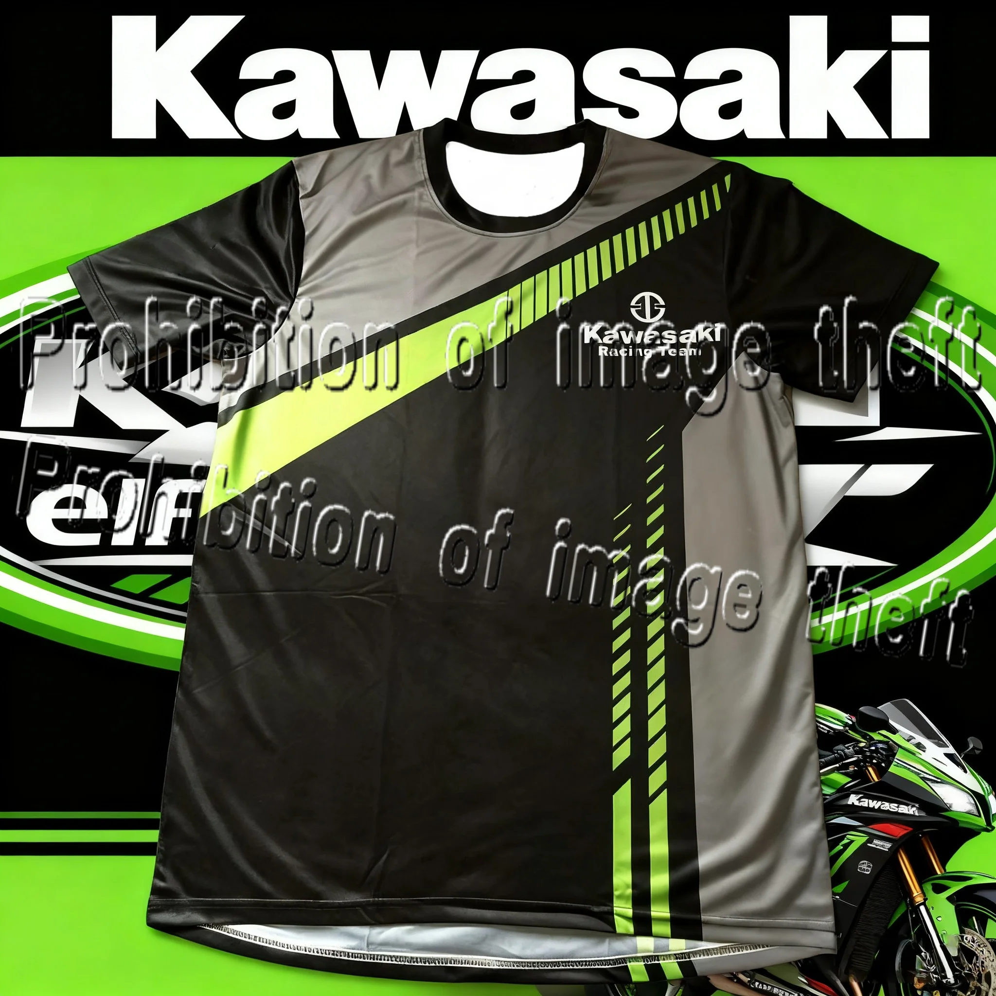 

Kawasaki Motorcycle Short Sleeved Round Neck Design Green Black Color Scheme Men's Quick Drying Cycling Short Sleeved T-shirt