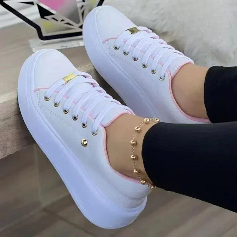 Women Vulcanized Shoes Fashion Lace-Up Round Head Platform Sport Shoes Spring Autumn Female Walking Flats Ladies Casual Sneakers