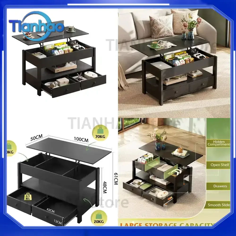 WLIVE 100cm Lift Dining Table for Living Room Black Coffee Table with 2 Drawers and Large Hidden Compartment