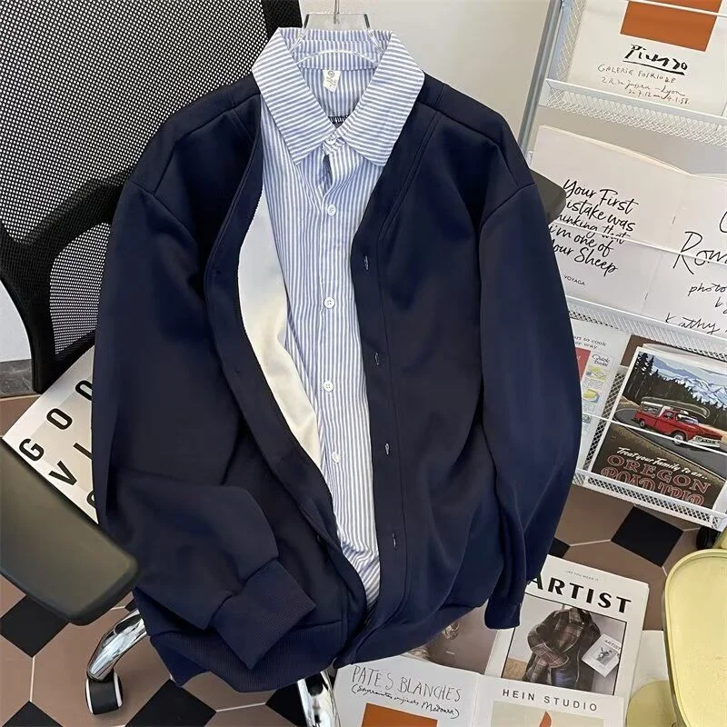 

Spring and Autumn Retro Fake Two-piece Sweatshirt Jacket Men's Sweater Lazy Style Shirt Design Versatile TopTemperament