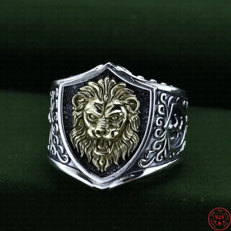 S925 Sterling Silver Charms Rings for Men New Fashion Contrast Colored Lion Head Eternal Rattan Pattern Jewelry