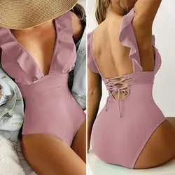 Ladies One Piece Swimsuit Ruffle High Waist Women Swimwear maillot de bain femme купальник 2022 новинка trajes de baño mujer