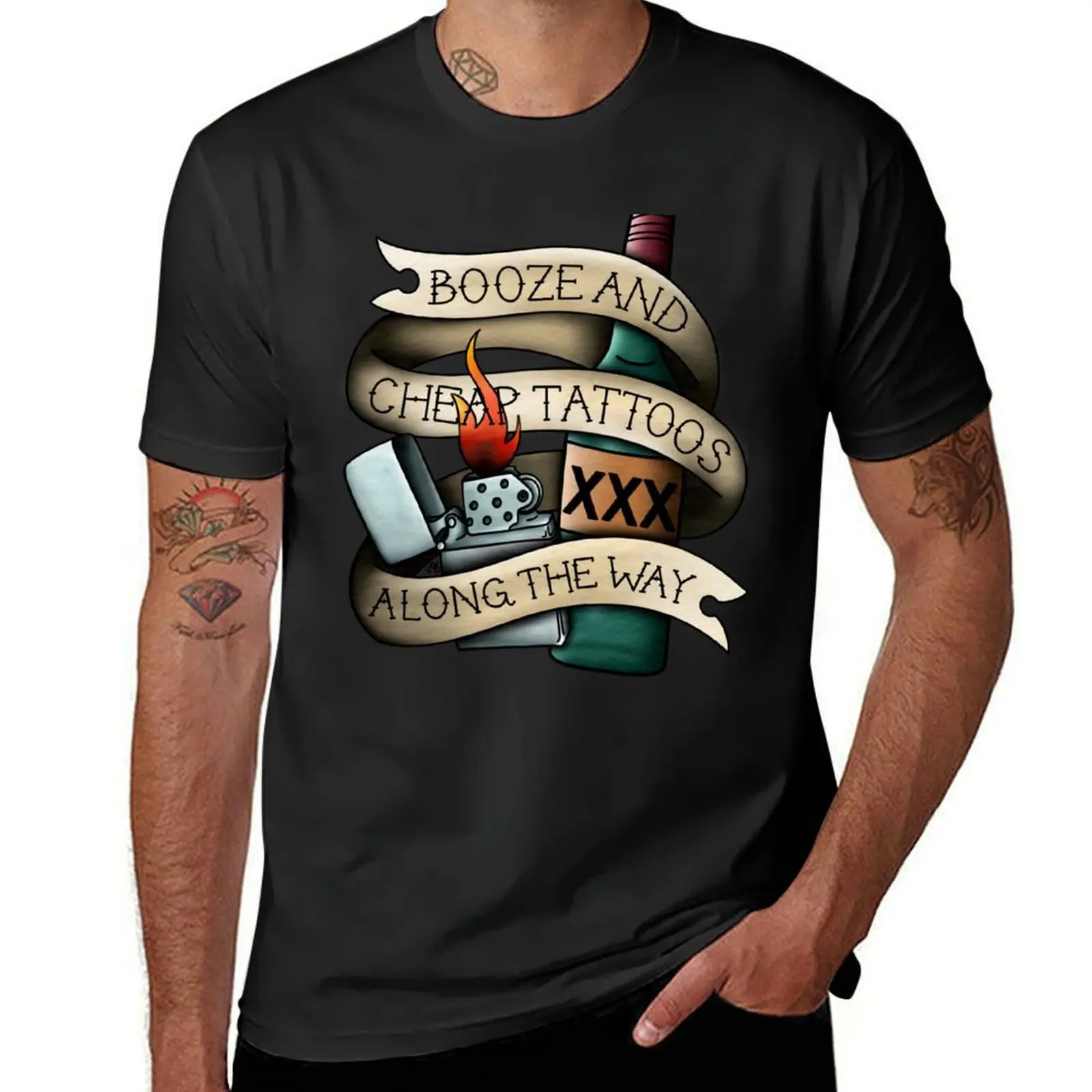 Booze & Cheap Tattoos T-Shirt quick-drying korean fashion blacks t shirts for men cotton