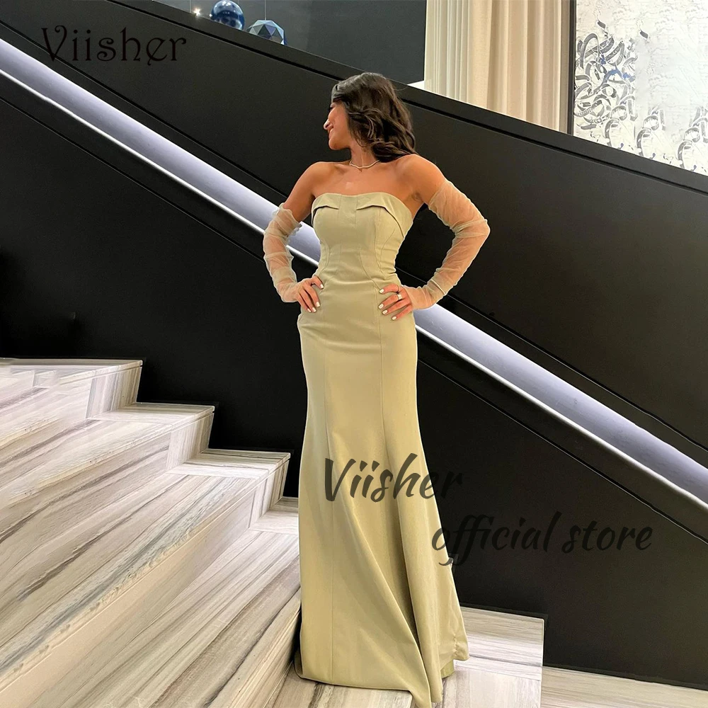 

Sage Green Mermaid Evening Dresses with Sleeve Strapless Prom Dress Floor Length Arabian Dubai Formal Party Gowns