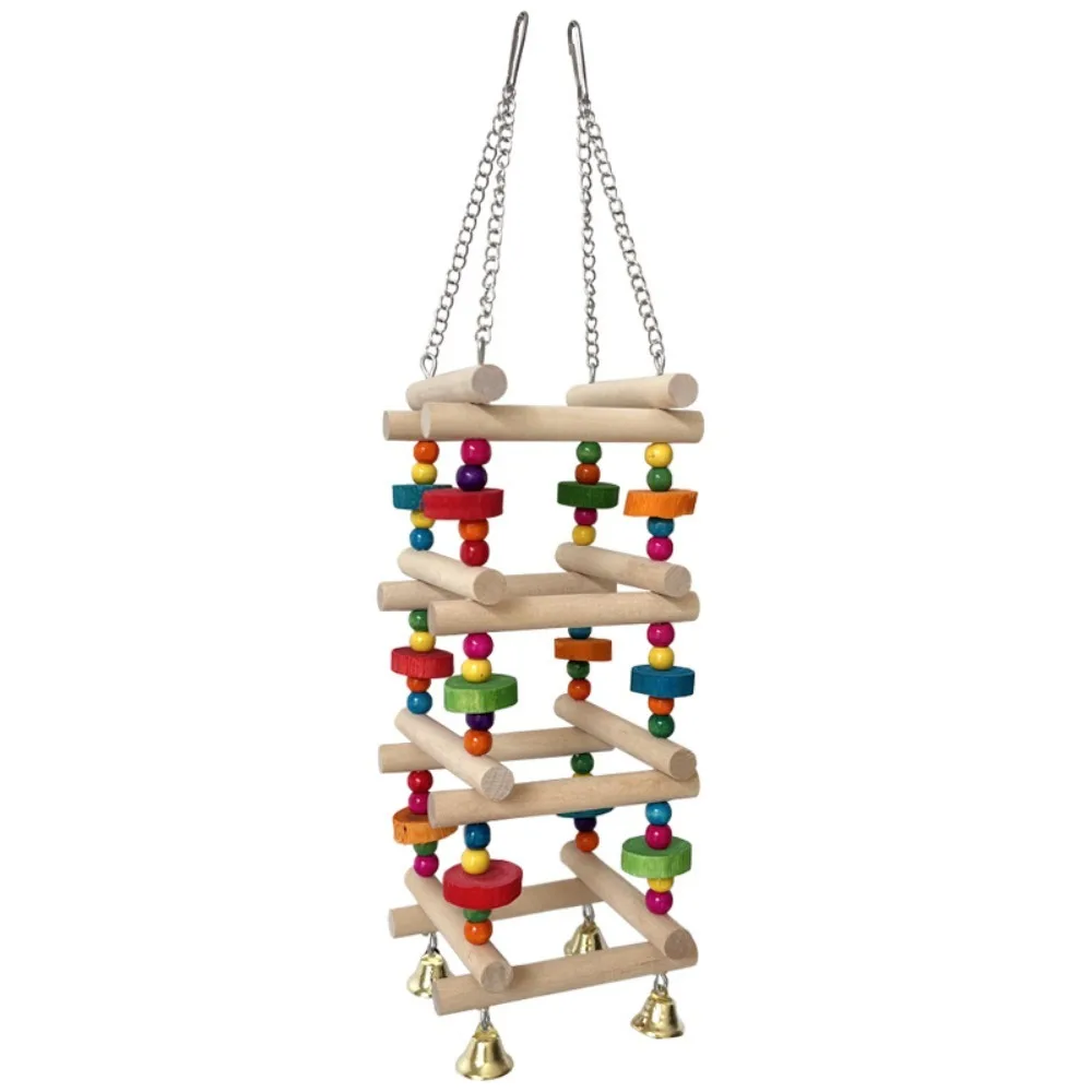 

Colorful Wooden Parrot Chew Toys Hanging with Bells Bird Cage Standing Multi Layer Bite Resistant Bird Climbing Ladder Training