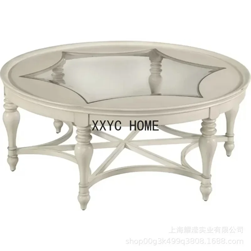 Solid Wood Coffee Table Living Room Ivory White Vintage Tea Table round Glass Surface Coffee Table