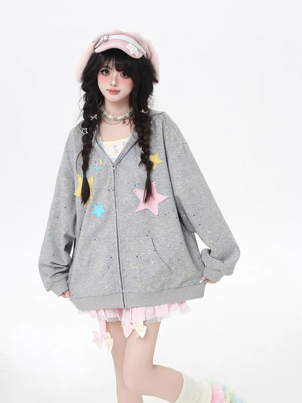 Sweet Preppy Style Subculture Oversized Hoodies Star Sequins Long Sleeve Zipper Loose Casual Versatile Sweatshirts Tops Women