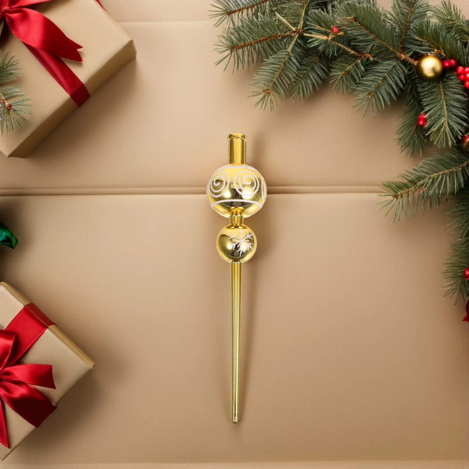 

Hand Painted Gourd Shaped Christmas Tree Topper Golden Vintage Rustic Unique Holiday Decoration Spherical Ornament for Festive