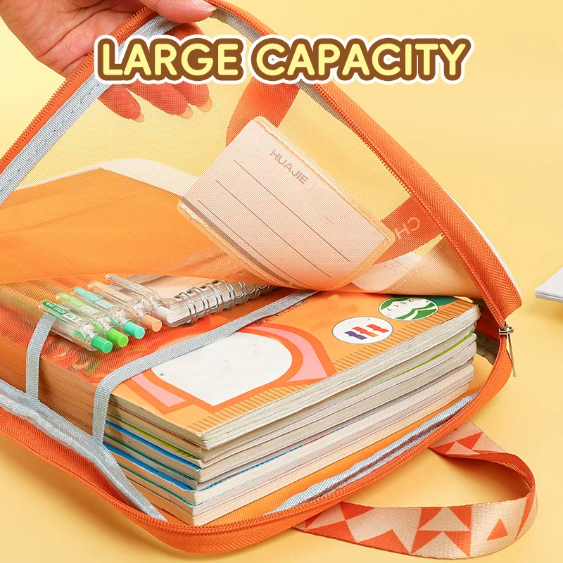 Huajie 180° Open Tutoring Tote 4-Pocket Mesh Subject Organizer, Large Capacity Zippered Storage Bag for Student Exam Papers & Te