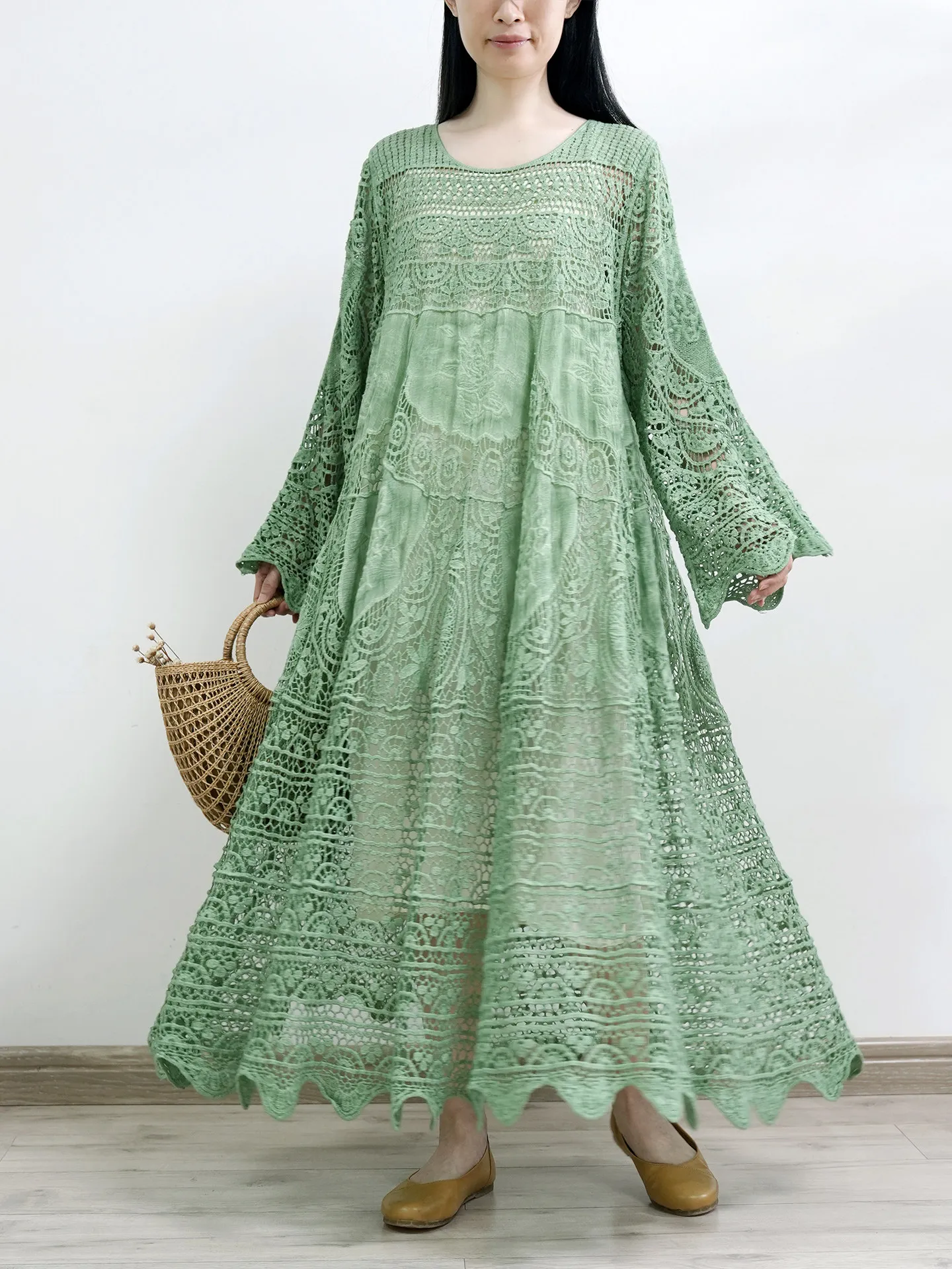 

TIYIHAILEY Spring Autumn Women Knitting Crochet Dresses Long Flare Sleeve Green Black Loose Ladies Clothing Long Maxi Hollow Out