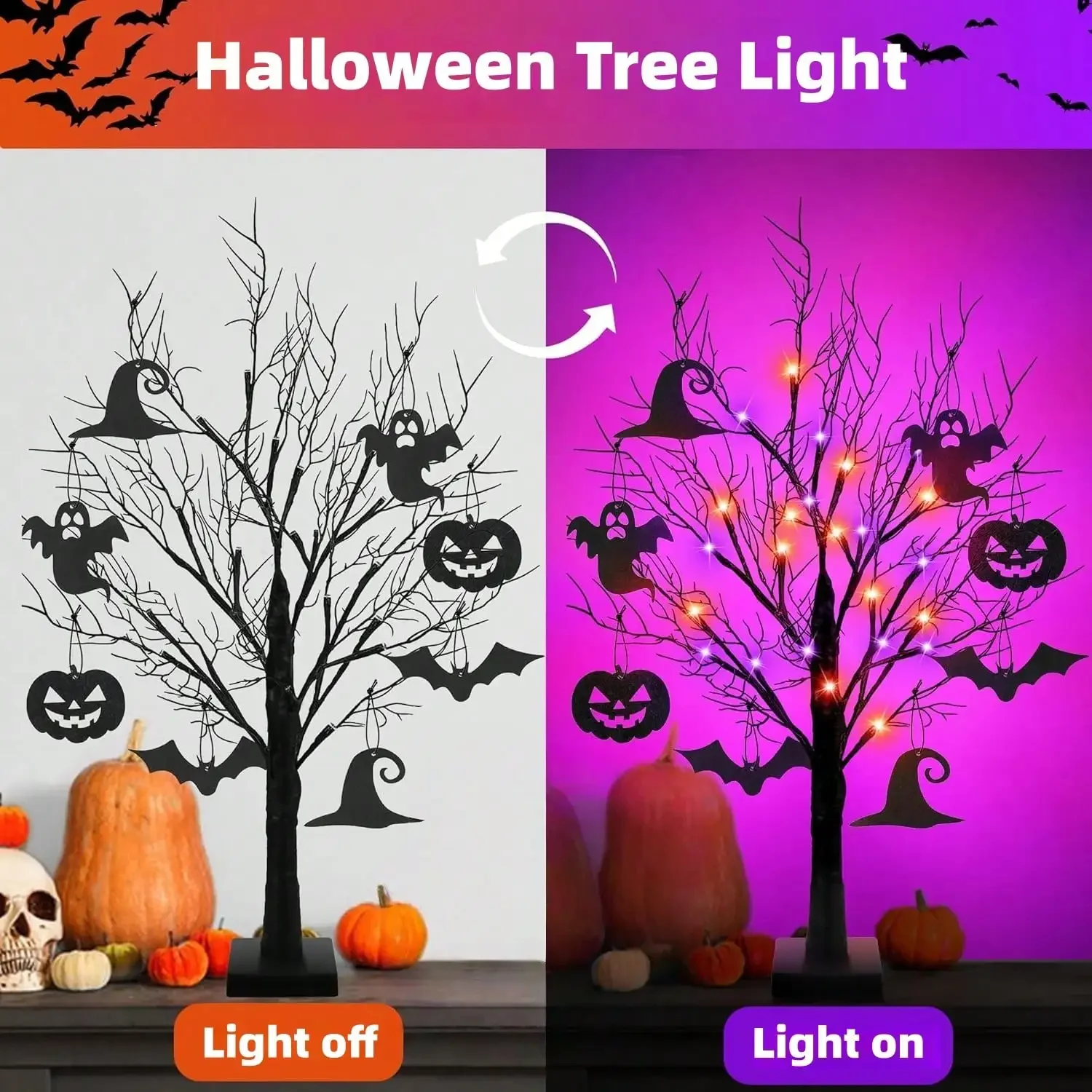 Halloween Table Decorations And Interior Ornaments, Black Ghost Tree With 24 LED Orange And Purple Lights, Powered By Batteries Or USB, 8 Pumpkins, Bats And Ghost Decorations, A Christmas Tree With Lights, Suitable For Home Desktop Decoration Items