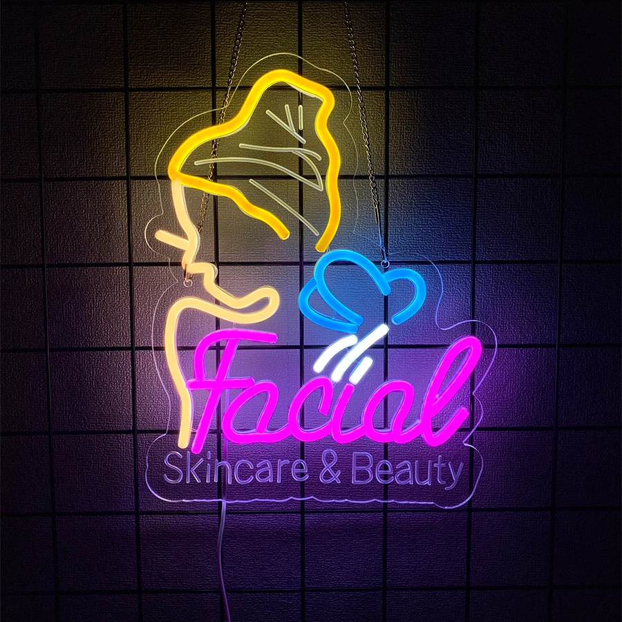 Facial Skincare Beauty Led Neon Sign, Aesthetic Line Female Icon, Business Decor Of Beauty Salon Studio, Spa And Dressing Room.