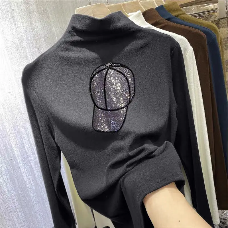 Autumn Winter New Double Sided German Half High Collar Long Sleeve Women\'s Bottom Shirt Fashion Age Reducing Diamond Set T-shirt