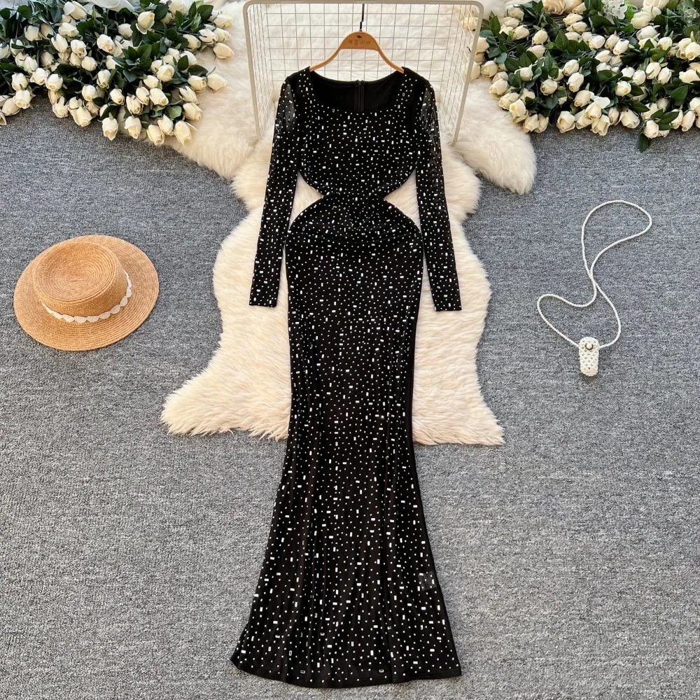 Vintage Square Collar Rhinestone Elegant Elastic Chic Long Sleeves Slim Long Dresses Fashion High Street Autumn Winter Clothing