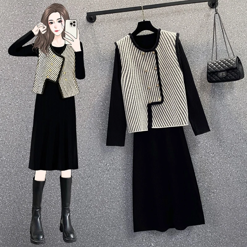 

Female Fashion Houndstooth Knitted Two Piece Dress Set Women O-Neck Print Cardigans and Sleeveless A-Line Knit Plaid Suit G893