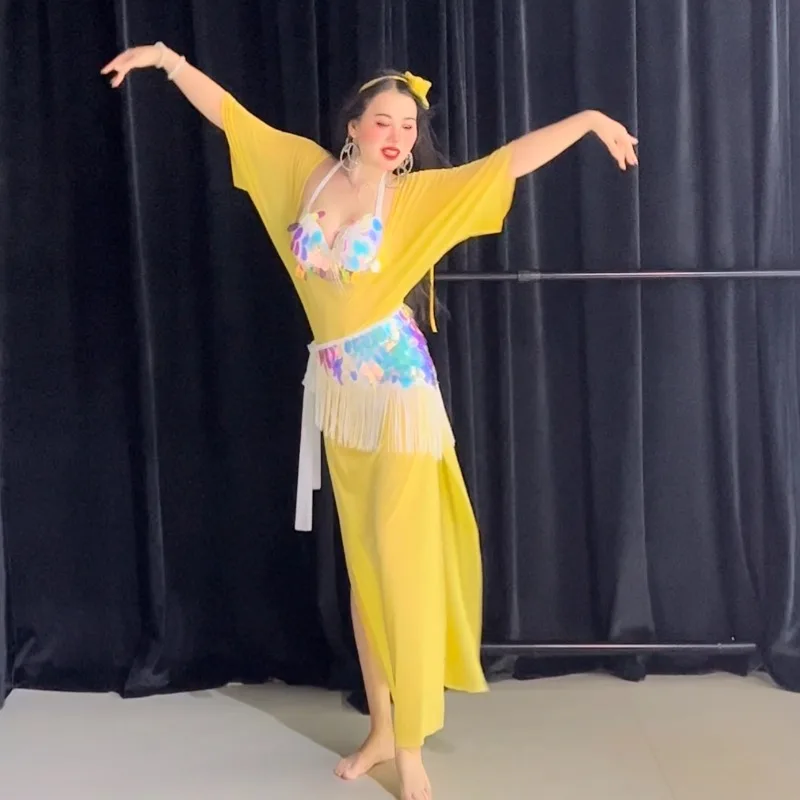Customized New Belly Dance Costumes Practice Clothing Baladi Shaabi Folk Color Matching Robe Beginners Indian Clothes Women 4Pcs