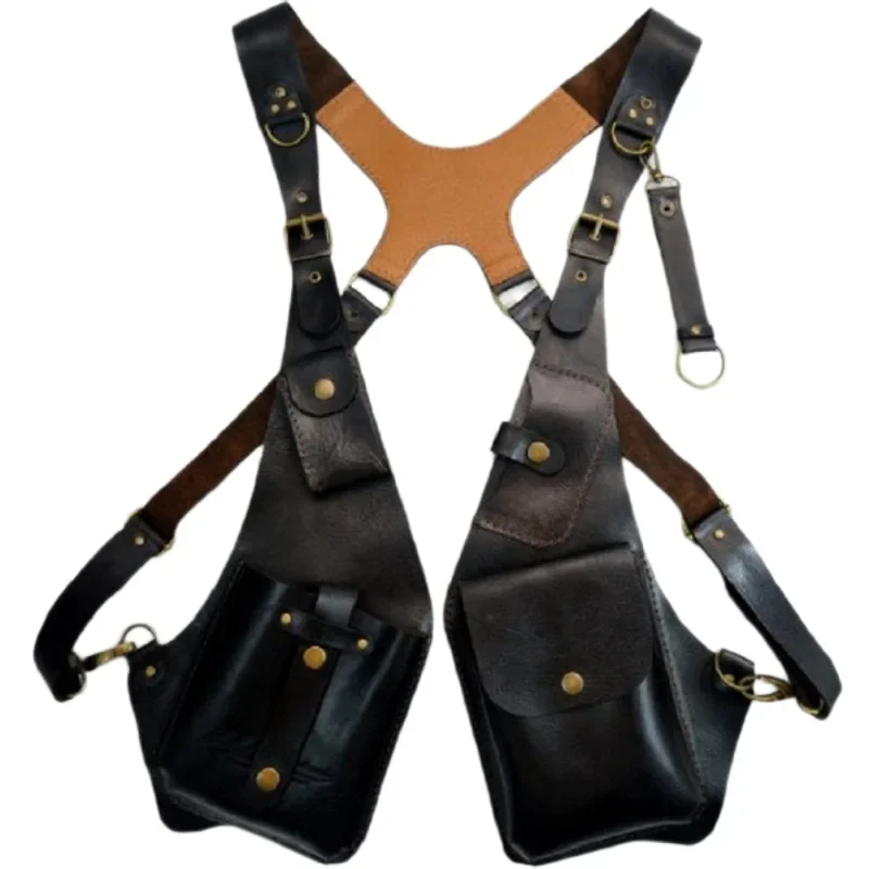 Uomo Donna steampunk vintage cosplay borsa a tracolla in pelle PU doppia custodia a portafoglio per telefono fondina borsa vichinga sotto le ascelle