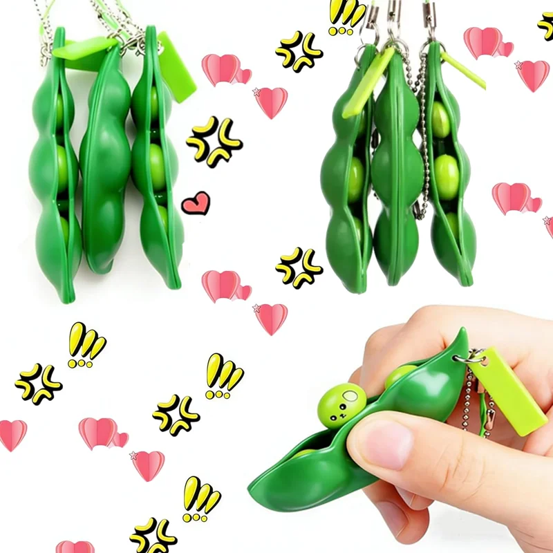 2/4/6Pcs Cute Edamame Squeeze Pea Fidget Toy Keychain, Portable Mini Stress Relief Squeeze Bean Key Chain
