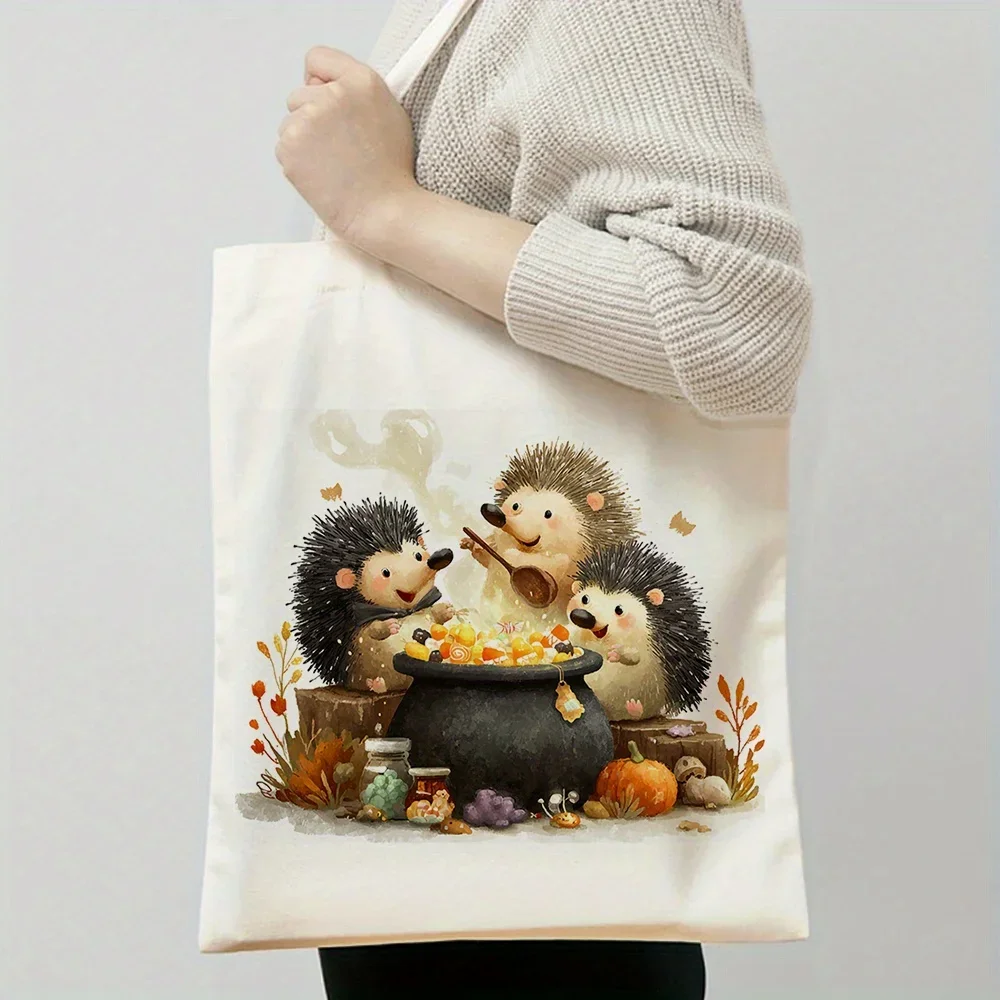 1pc, Hedgehogs Cooking Canvas Tote Bag Reusable Grocery Bags (35.05cm x 40.13cm), Cute Illustration Shopping Bag for Daily Use,