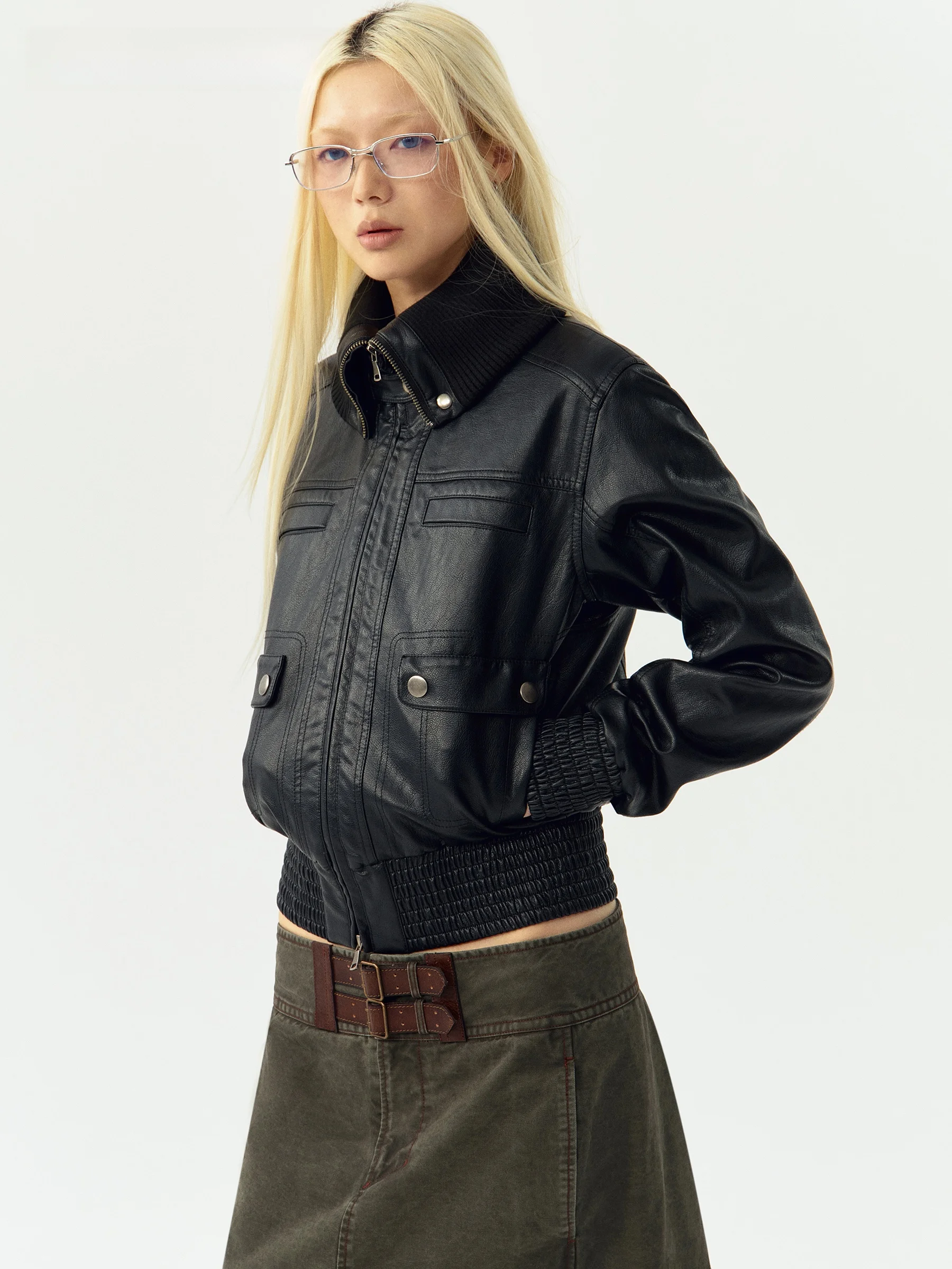 VERMO Retro Spontaneous Patchwork Knitted Collar Windproof Short Waist Cinched Leather Jacket Coat Independent Personality