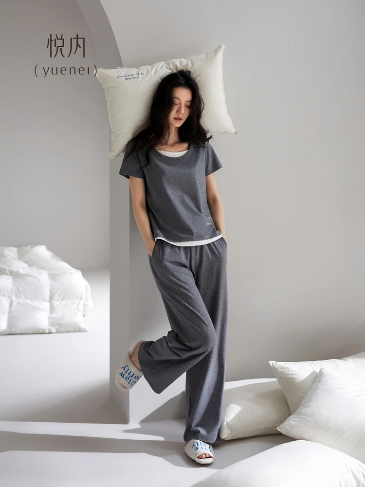pure-cotton-sleepwear-women's-summer-short-sleeve-long-pants-casual-round-neck-home-clothes-with-chest-pad-comfortable-breath
