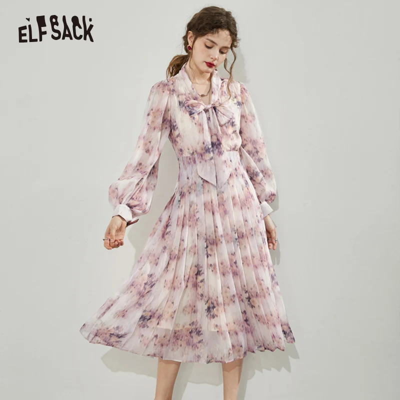 ELFSACK Bow Chiffon Floral Dresses Women 2023 Spring Waist Long Sleeve Daily Dress