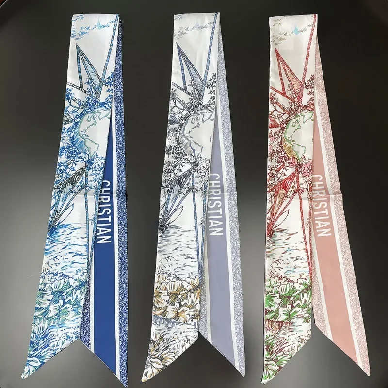 

Элитный модный шелковый длинный платок-лента из твила для женщин: для сумки, головного убора, с принтом, для волос, шейный платок, повязка на голову