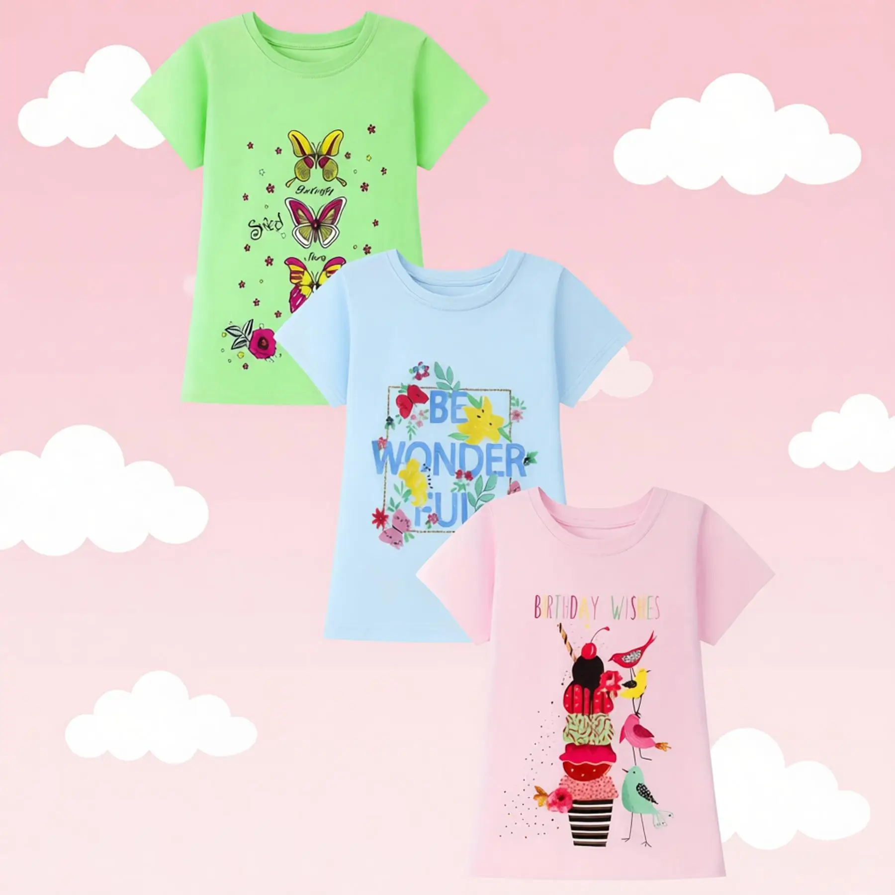 

Trendy Kids Girls 3-Pack Cartoon Print Tees Toddler Butterfly Floral Ice Cream Short Sleeve T-Shirts Casual Summer Clothes6-12Y