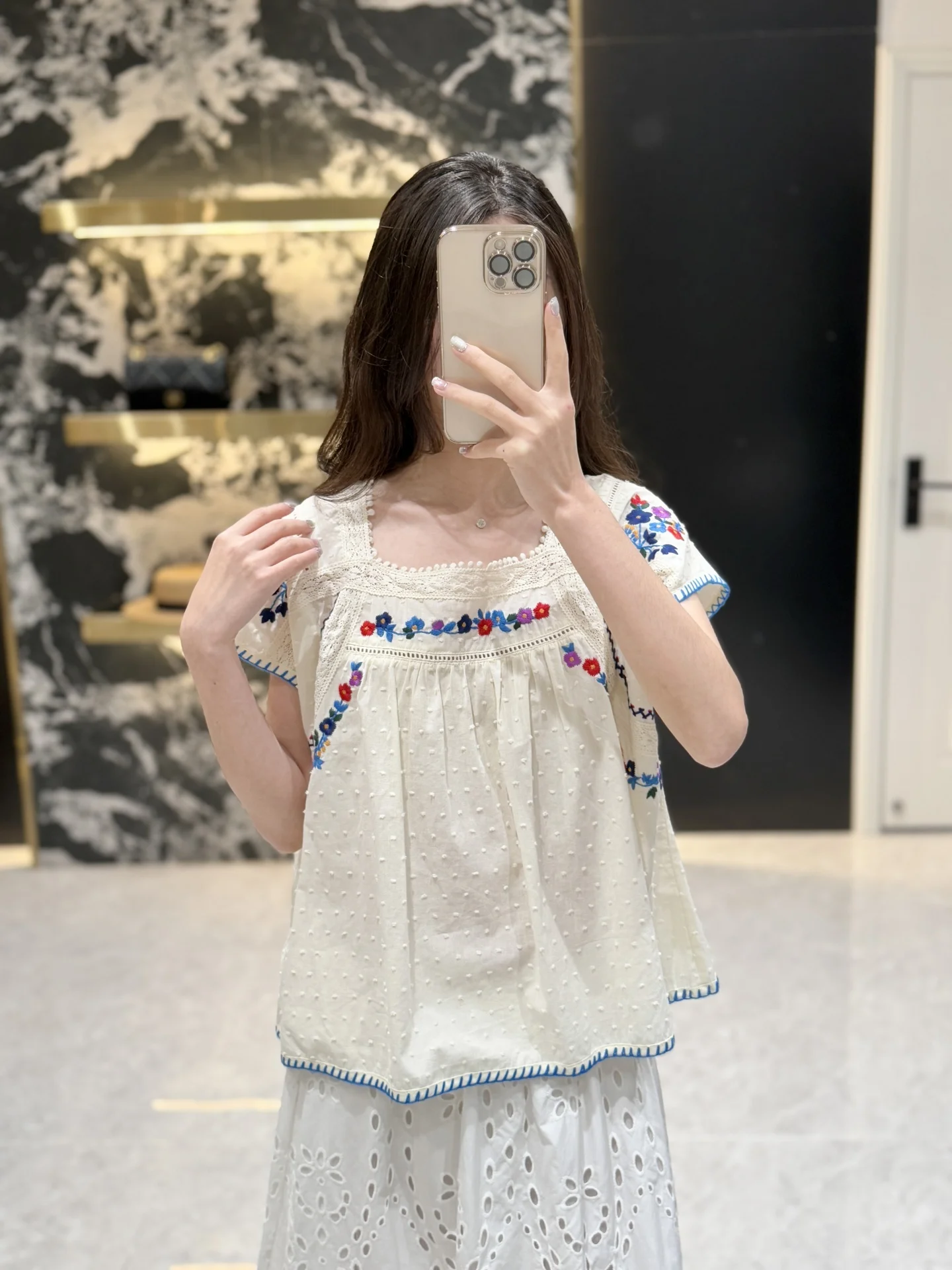 

Handmade Lace Trim Short Sleeve Floral Embroidery Square Collar Women's Shirt Lightweight Luxury Loose Fit High Waist Long Pants