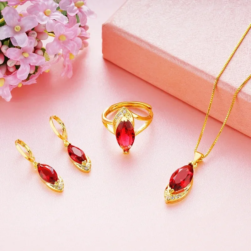 Luxury 24K 9999 Pure Gold Gold shop with gemstone necklace all-match women's gemstone ring