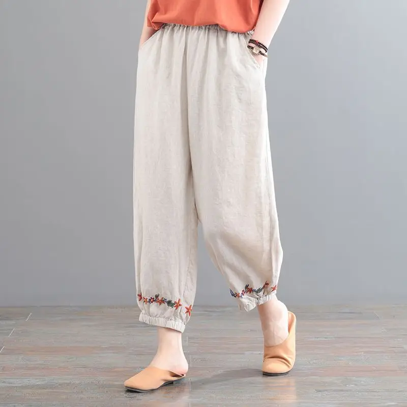 Retro Fashion Leisure Literature and Art Embroidery Cotton Linen Elastic Mouth Nine Points Ladies' Haren Pants Summer New 2024