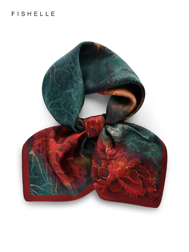

Red peony 100% natural silk scarf wrap smooth square female hijab shawl luxury gift headband 65cm women neckerchief