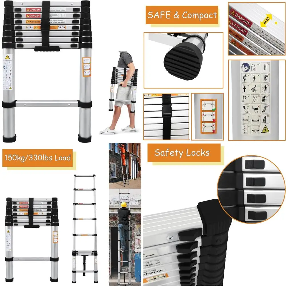 

Aluminum Telescoping Extension Ladder 8.5ft Adjustable Height 330lbs Load Capacity Folded 2.4ft EN131 Portable Step Ladder
