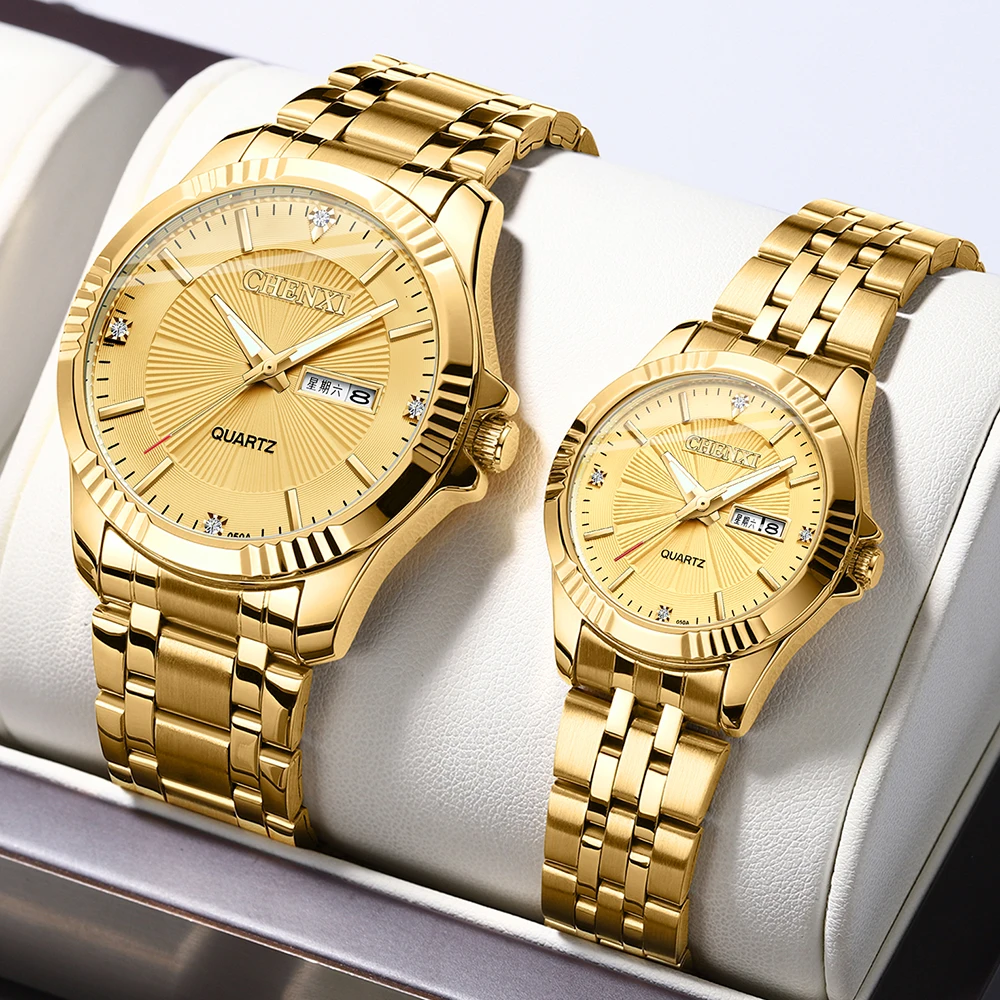 

CHENXI Watches Brand Luxury Stainless Steel Gold Watch for Men Calendar Week Quartz Clock Waterproof Couple His Hers Watch Sets